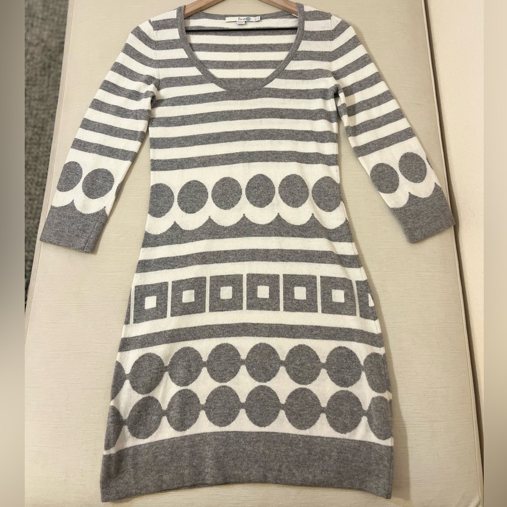 Boden Gray Cream Geometric Knit Sweater Dress Retro Mod Graphic Pattern Chic